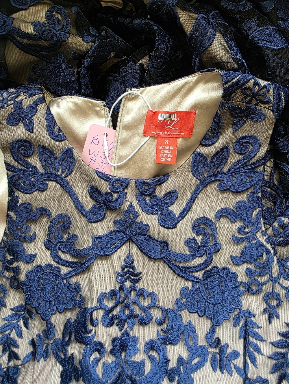 ML Monique Lhuillier Navy Lace Overlay Drop-Waist Dress Size 8 - Picture 8 of 12